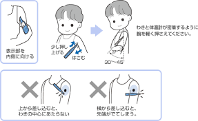 ②体温計を下から少し押し上げるようにして、わきをしっかり締める。